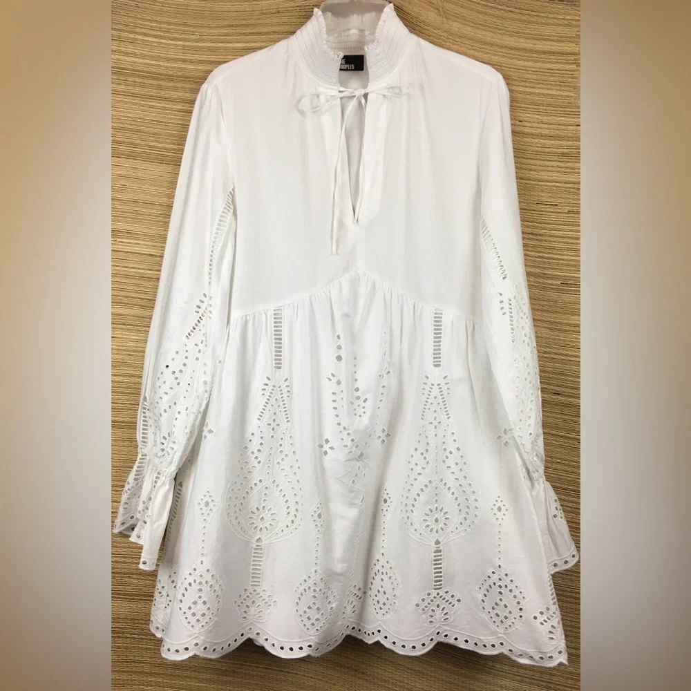 The Kooples Paris White Mini Dress With Broderie Anglaise Long Sleeve Size 2